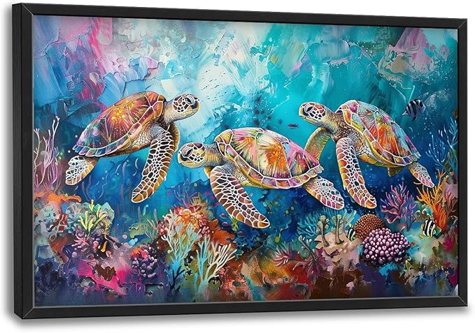 Sea Turtle Large Framed Wall Art Coastal Ocean Nautical Pictures Oversized Colorful Undersea Wall Decor Coral Reef Canvas Print Painting Aesthetic Modern Artwork for Living Room Bedroom Office Bathroom Home Decor 36L"x24W"