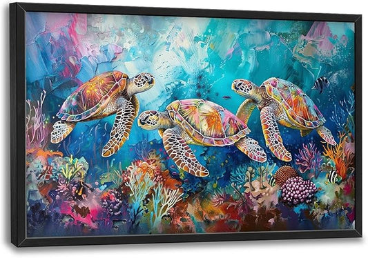 Sea Turtle Large Framed Wall Art Coastal Ocean Nautical Pictures Oversized Colorful Undersea Wall Decor Coral Reef Canvas Print Painting Aesthetic Modern Artwork for Living Room Bedroom Office Bathroom Home Decor 36L"x24W"