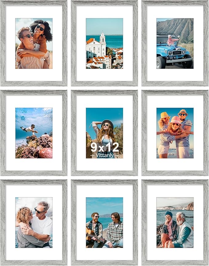 Vittanly 9x12 Picture Frames Set of 9, Shatter Resistant Plexiglass, Display 6x8 Pictures with Mat or 9x12 without Mat, Photo Frames for Wall or Tabletop, Engineered Wood, Grey