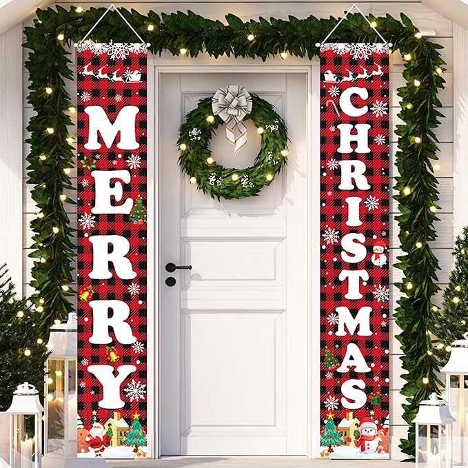 Christmas Decorations Red Black Buffalo Plaid Banner Xmas Porch Door Sign Welcome Banner for Wall Home Party Decor Merry Christmas Decorations Indoor Outdoor