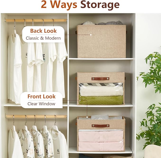 Extra Large Storage Baskets with Clear Window, See Through Closet Organizer with PU Handles, Linen Foldable Storage Bins for Organizing Clothes, Toys, Books (Khaki)