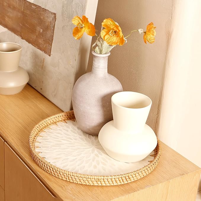 Round Rattan Tray with Mother of Pearl Inlay & Wooden Base - Decorative Wicker Serving Tray for Coffee/Bread/Fruits, Food Storage & Display - Multipurpose Home Decor (L,White Leaves)