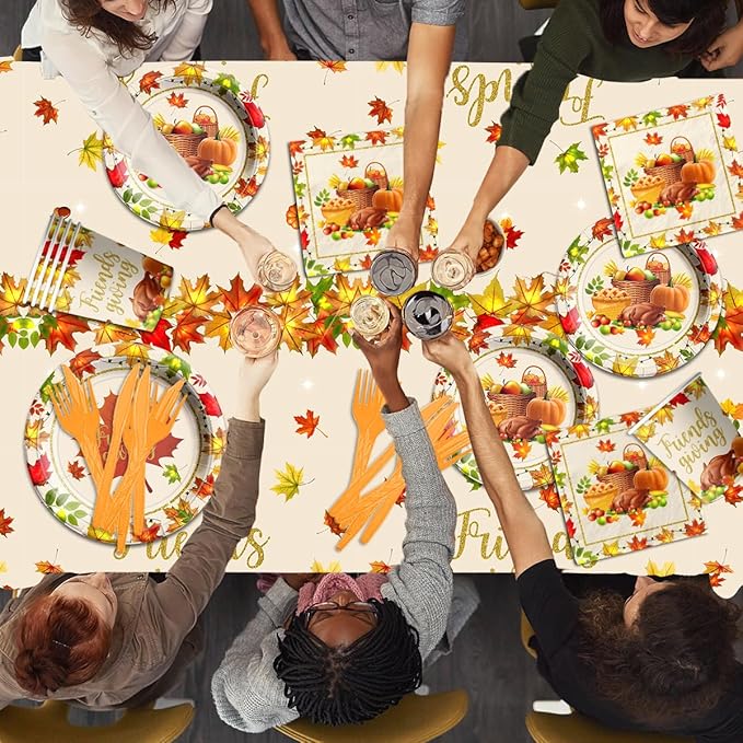 Friends Giving Party Decorations,142Pcs Fall Tableware Includes Paper Plates,Tablecloth,Cups Autumn Pumpkin Maple Turkey Theme Decorations for Friends Giving Holiday,Fall Decoration