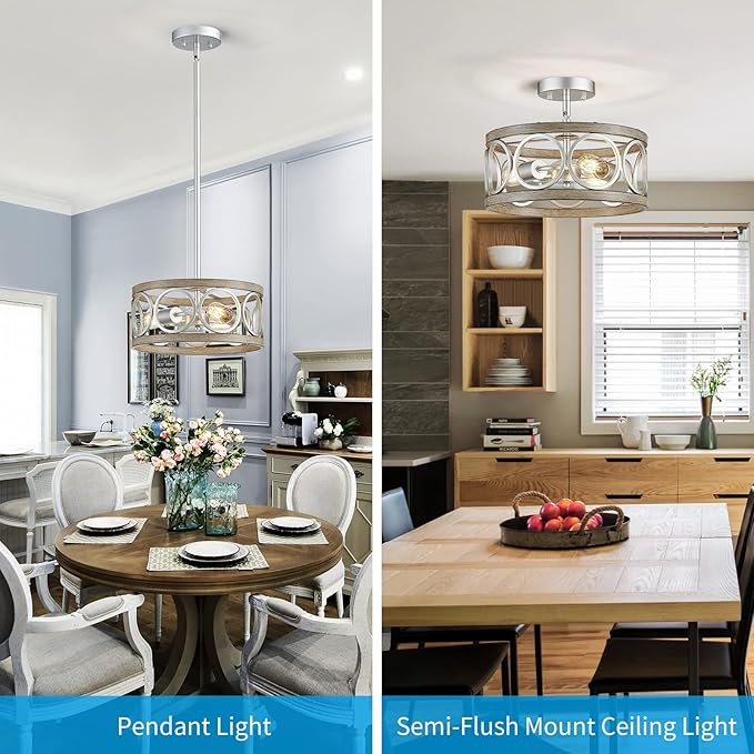 XINGQI Modern Ceiling Light Adjustable Height Pendant Lighting Fixture Brushed Nickel Wood Grain Metal 13" Rustic Round Lights for Dining Room Kitchen Bedroom Foyer Hallway