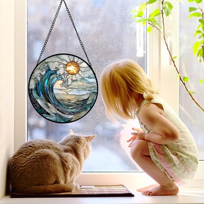 Stained Glass Window Hanging, Blue and White Waves Suncatcher Diamond Glass Panel Landscape Sun Catchers Decor for Birthday for Women, Men, Wife, Aunt, and Mom 6.3 x6.3 in