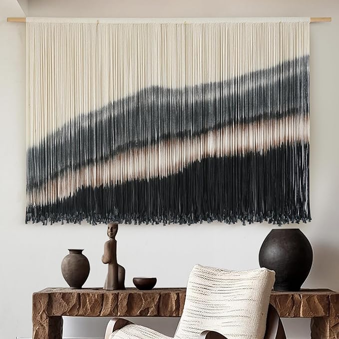 Jakalin Large Macrame Wall Hanging Dip Dyed Boho Wall Decor For Living Room Bedroom Entryway 57" Wx35 L Modern Fiber Yarn Wall Art Handmade Black Home Decor
