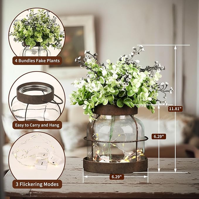 Farmhouse Rustic Vintage Primitive Glass Vases Lantern with Lights Green Artificial Eucalyptus Fake Plants Home Decor Centerpiece for Coffee Office Dining Table Shelf Desk Counter Kitchen Bathroom