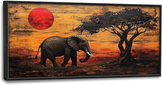 Elephant Framed Wall Art for Living Room, Large African Elephant Canvas Wall Decor, Wild Animal Sunset Pictures Painting, Modern Artwork for Bathroom Bedroom 60L'' × 30W''