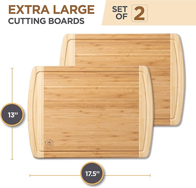 Bamboo Cutting Boards for Kitchen 2-PC Set - Wood Chopping Boards with Juice Groove, 18" x 12" Wooden Cutting Board for Vegetables, Fruit and Cheese Charcuterie Serving Tray XL