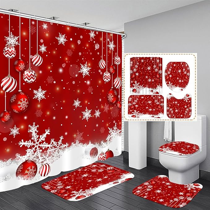 FZDHHY 4PCS Christmas Red Bathroom Decor Set Christmas Decorative Ball Shower Curtain Set Snow Bathroom Set Festivals Shower Curtains for Bathroom with Hooks 72x72 inch
