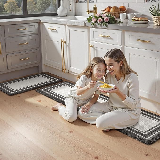 KIMODE Anti Fatigue Kitchen Mats,Non Slip Farmhouse Kitchen Rugs Sets 2 Piece,Waterproof Kitchen Mat for Floor,Cushioned Standing Mat for Office,Laundry,Sink,Desk,Black and Grey