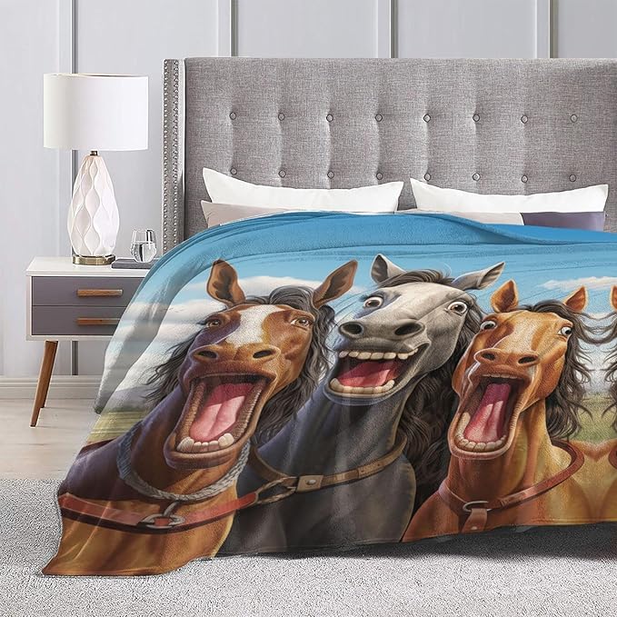 FUUNY Horse Blanket Animal Pattern Print Flannel Throw Blankets for Home Couch Bed Sofa Soft Fuzzy Lightweight Decor Gifts for All Season 80x60 Inches