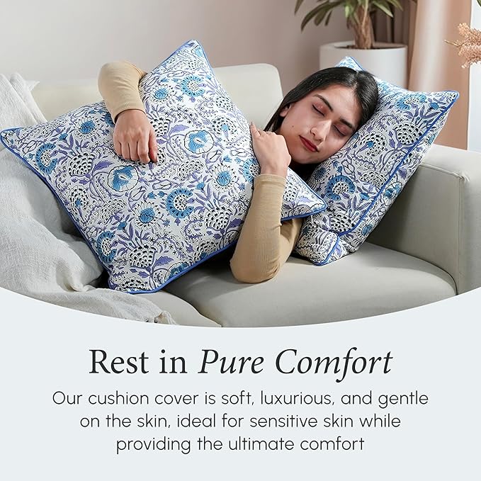 CPC 100% Cotton Throw Pillow Covers 18x18 Inch, Set of 2 Blue Block Print Pattern Couch Pillow, Cute Boho Decorative Pillows for Living Room, Bedroom with Hidden Zipper- Indigo Blue