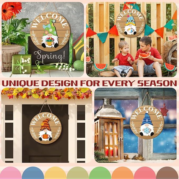 Qunclay Interchangeable Wooden Gnome Decor Holiday Seasonal Gnome Decorations with Magnet Pieces and Detachable Hats Changeable Welcome Sign for Home(Delicate Style)