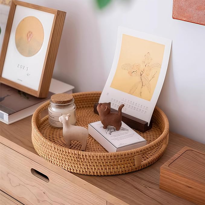 14.2" Round Rattan Tray, Hand Woven Serving Tray with Handles, Wicker Serving Basket, Decorative Tray for Home Decor, Natural