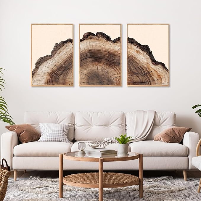 KAIRNE Framed Tree Ring Wall Art Set, Retro Wood Stump Wall Decor, Tree Spiral Wall Painting, Modern Nature Canvas Art Prints for Living Room, Bedroom, Dinning Room, Farmhouse - Large 16"x24"x3