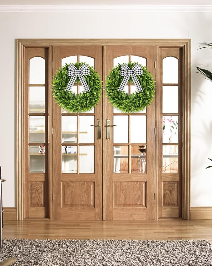 Vlorart 20-Inch Boxwood Wreath, Artificial Boxwood Wreath Front Door Wreaths Artificial Spring Summer Greenery Hanging with A Plaid Bowand Sash for Front Door Wall Hanging