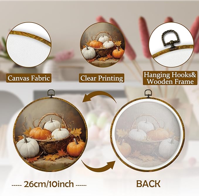 Mcehtle Vintage Fall Pumpkin Maple Leaf Wall Art Decor, Farmhouse Rustic Harvest Autumn Pumpkin Framed Canvas Prints 10x10, Fall Round Wall Hanging Artwork Decorations for Bedroom Living Room