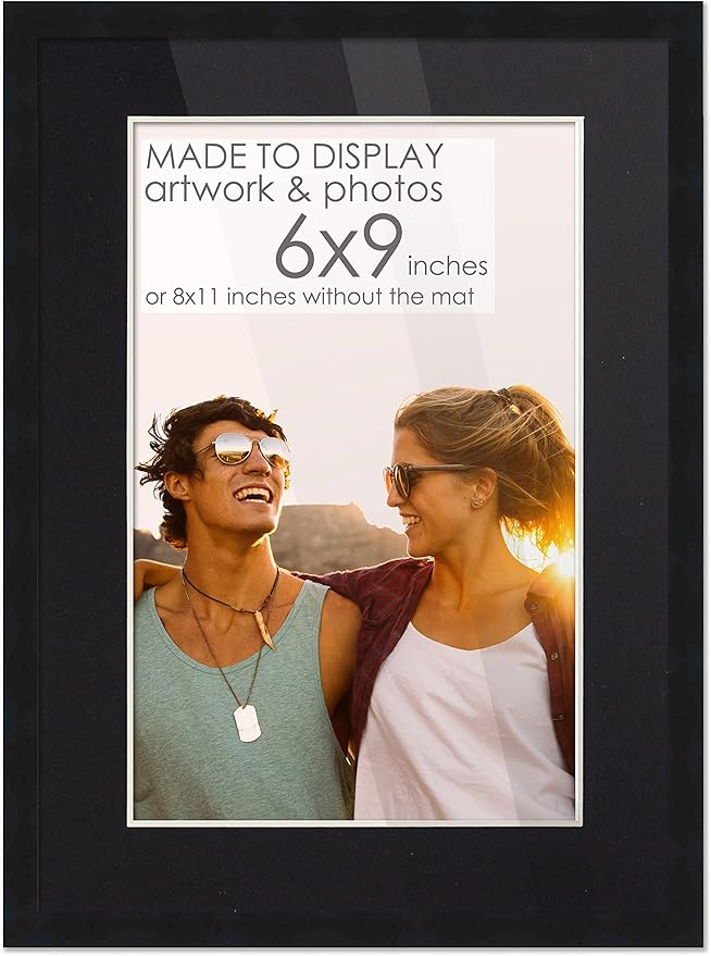 CountryArtHouse 6x9 Frame Black Wood with Black Mat | 8x11 Frame Matted to 6x9 | Display Your Photo Under UV Acrylic Shatter Guard Front, with Foam Board Backing and Wall Hanging Hardware