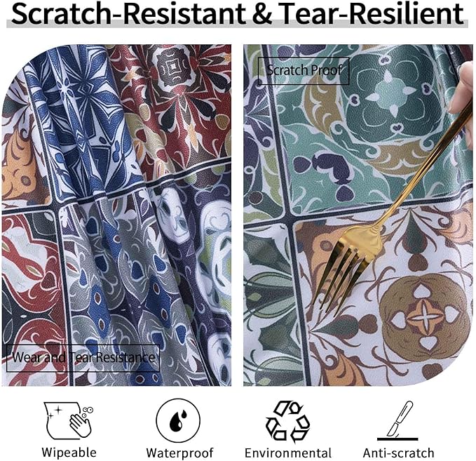 Fitted Round Tablecloth for 45-54" Tables Stain Resistant Vintage Earthy Vinyl Mantel Para Mesa Redonda Kitchen Apartment Organizers Picnic Camping List Women Men Cool Practical Gift Ideas