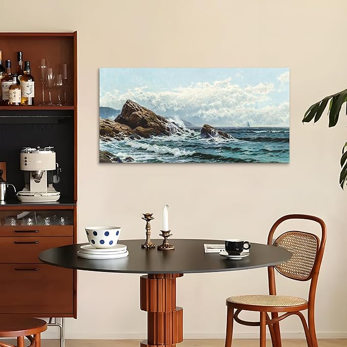 crmotu Large Canvas Wall Art, Coastal Landscape Painting Art Prints, Ocean Rock Wave Vintage Wall Decor, Blue Natural Scenery Wall Pictures for Living Room Bedroom Bathroom, Modern Home Decor 24"X48"