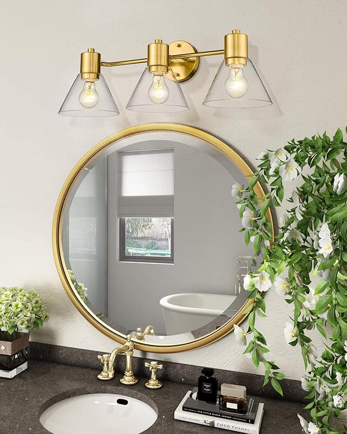 LMS Gold Bathroom Vanity Light Fixtures, 3 Light Bathroom Light Fixtures with Clear Glass Shade, LMS-108
