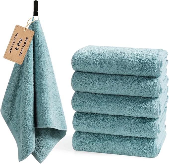 SEMAXE 6-Pack Blue Hand Towels - 27"x16" Ultra Soft & Absorbent Cotton Bathroom Set with Hanging Loops, Oeko-Tex Certified