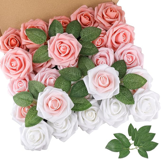 AmyHomie 25pcs Real Looking Artificial Shades of Blush Roses w/Stem for DIY Wedding Bouquets Centerpieces Arrangements Party Baby Shower Home Decorations