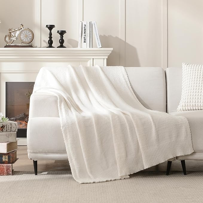 JOOJA Knit Throw Blanket Super Soft Warm Blanket for Couch Lightweight Fluffy Blanket for Bed Sofa 60x80 Inches Cream