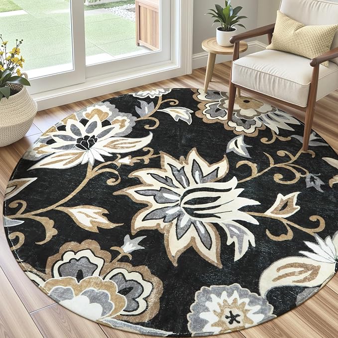 Lahome Floral Black Round Area Rug - 5Ft Washable Ultra-Thin Soft Bedroom Rug, Non-Slip Stain Resistant Circle Rug for Living Room, Office, Dining Room, Paisley Print Accent Carpet