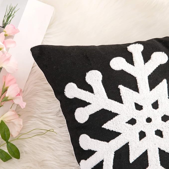 MIULEE Pack of 2 Christmas Decorative Snowflake Throw Pillow Covers Canvas Embroidery Winter Cushion Cases Holiday Decor Soft Pillowcases for Winter Couch Sofa Bedroom Car（Black, 18x18in）
