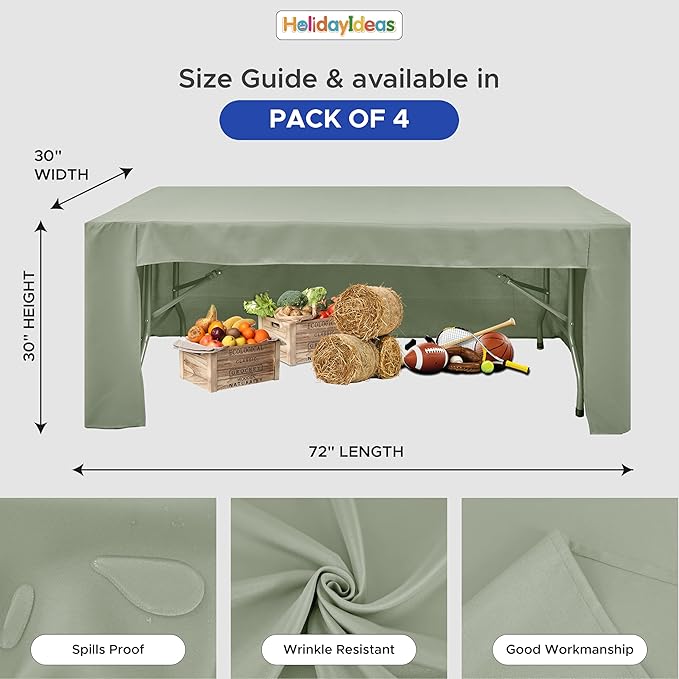 HolidayIdeas Open Back Fitted Tableclothss for 6 Foot Rectangle Table, Wrinkle Resistant Washable Table Covers 72x30 Inch for Craft Fairs, Banquets, Trade Show Display, Sage Green,4 Pcs