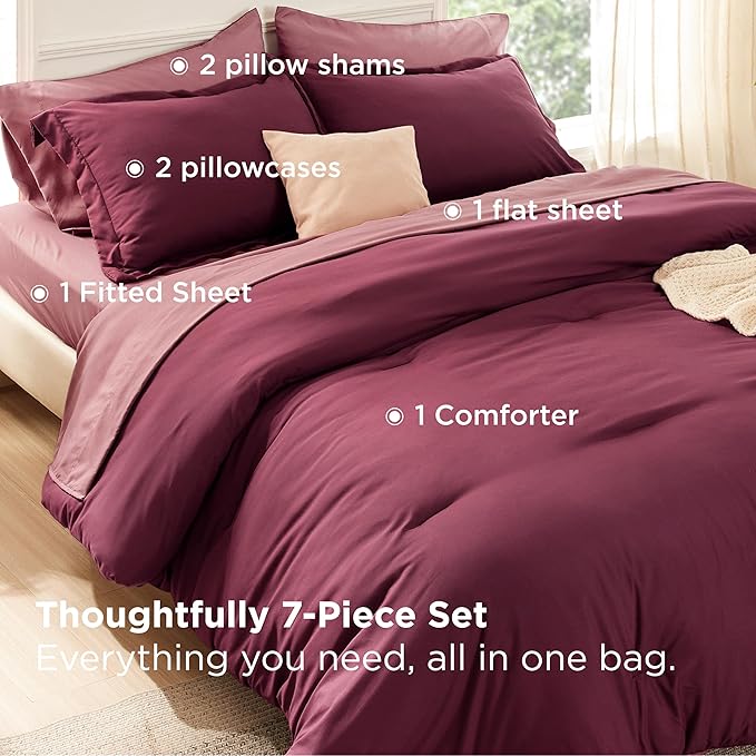 Bedsure Queen Comforter Set - 7 Pieces Burgundy Queen Bedding Set for All Seasons, Boho Contrasting Design Bed in a Bag with Comforter, Sheets, Pillowcases & Shams