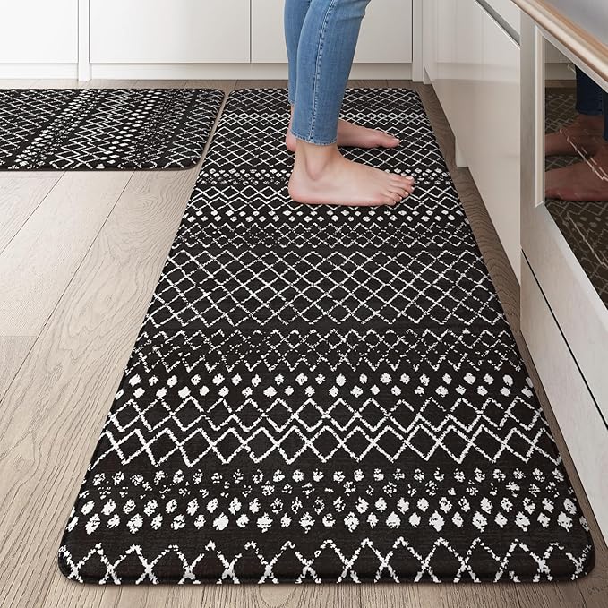 KIMODE Anti Fatigue Kitchen Mats for Floor 2 Piece, Cushioned Farmhouse Kitchen Rugs, Memory Foam Kitchen Floor Mats, Standing Desk Mats for Laundry Office Sink Black 20"x47"+20"x32"