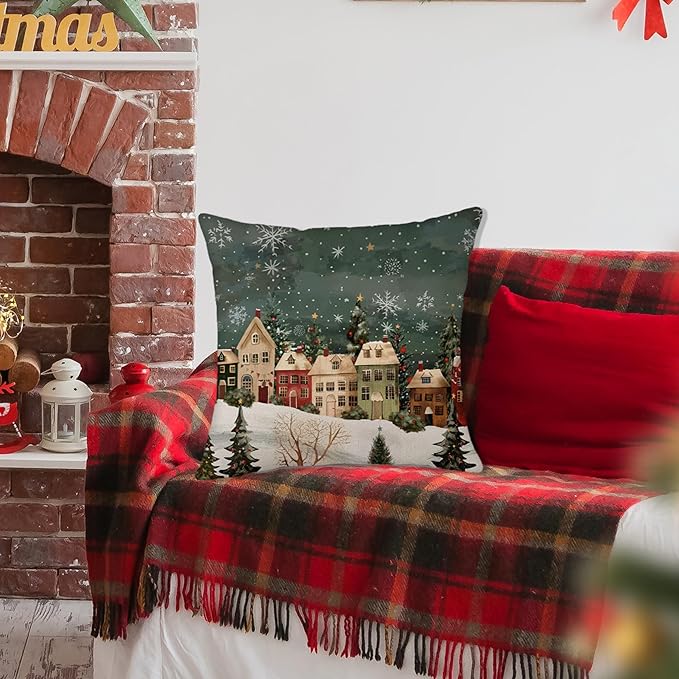 Winter Decorative Rectangle Pillow Cover 20 x 20, Wonderland Forest House Snowflake Vintage Porch Outdoor Pillowcase, Christmas Holiday Seasonal Farmhouse Cushion Case Home Decor