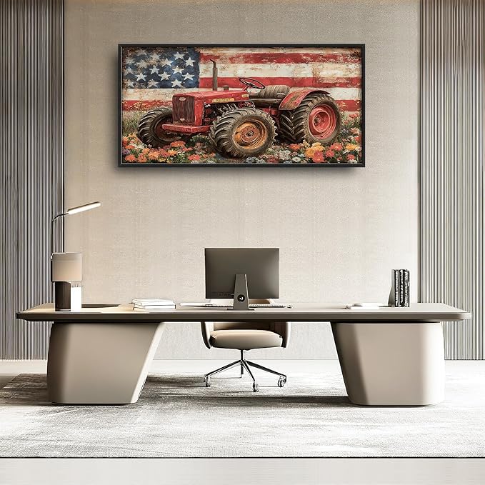 Framed Large Wall Art for Living Room, Farmhouse Tractors Canvas Wall Decor, Large Rustic Country Wildflowers Pictures Framed Painting, Natural Landscape Artwork for Bedroom Office Home Decor 60L'' × 30W''