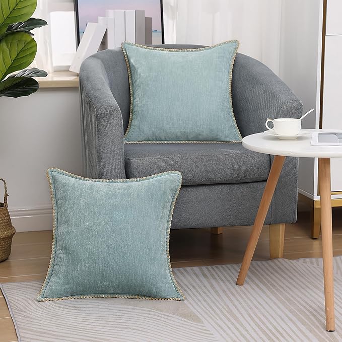 decorUhome Chenille Soft Throw Pillow Covers 18x18 Set of 2, Farmhouse Velvet Neutral Decorative Euro Pillow Covers with Stitched Edge for Couch Sofa Bed Home Decor, Aqua Haze