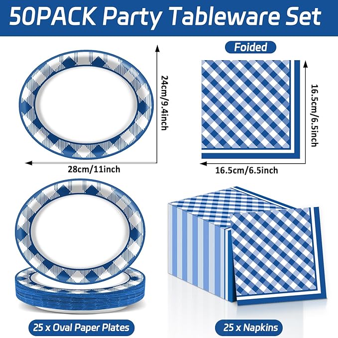 Gingham Oval Paper Plates 11inch Blue and White Checkered Plates and Napkins, Blue and White Plaid Birthday Tableware Outdoor for BBQ Gathering Picnic Blue Boys Theme Party Supplies, 25 Guest
