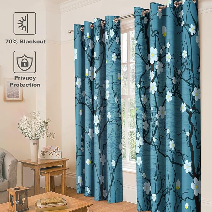 Jekeno Flowers Floral Blackout Curtains Japanese Cherry Blossom Spring Decor Home Bedroom Living Room Blue Darkening Grommet Window Drapes 2 Panel Set, 52"x84"