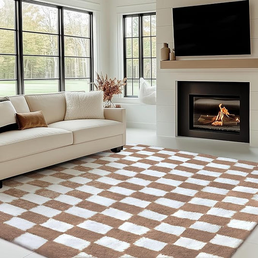 Checkered Rug 5x7 for Living Room, Beige and White Modern Shag Rug Super Soft Washable Indoor Fuzzy Carpet Non-Slip Fluffy Rugs for Bedroom Home Aesthetic Decor