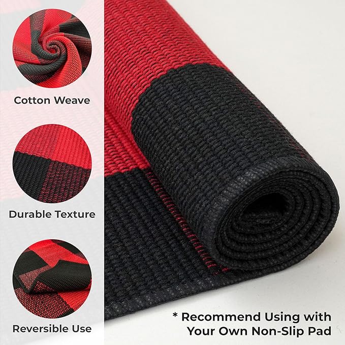 KOZYFLY Buffalo Plaid Rug 2x6 Ft Runners for Hallways Washable Checkered Rug Red and Black Christmas Rugs Woven Cotton Kitchen Fall Rug Halloween Decor for Hallway Kitchen Living Room