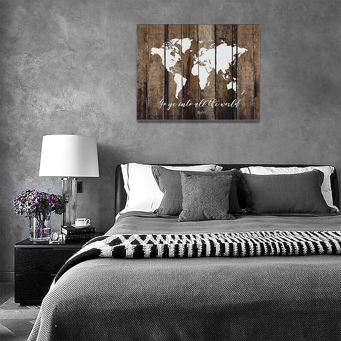 Large World Map Wall Art Rustic World Map Pictures Wall Decor Go Ye Into All The World and Preach The Gospel Canvas Painting Print Home Artwork Framed for Living Room Bathroom Master Bedroom 16"x12"