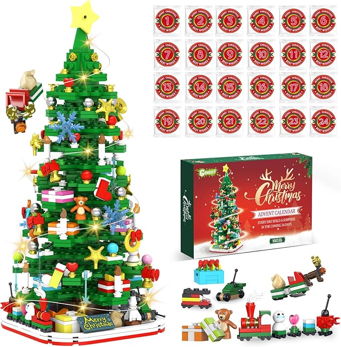 Advent Calendar 2025 Adult Teen Boy Girls Kids Christmas Tree Building Set Toys with Led light, Holiday 24 Days Christmas Countdown Calendars Xmas Tree, Fun Cute Gifts (1083 PCS)