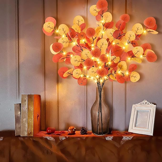 Agusbagli 30in 60LED Lighted Fall Eucalyptus Branches with Timer, Light Up Fall Eucalyptus Leaves Stems Battery Operated Lit Artificial Twig Autumn Fall Decorations for Home Wedding Party Decor