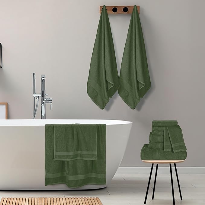 GLAMBURG Ultra Soft 24-Piece Towel Set - 100% Pure Ringspun Cotton, Contains 8 Oversized Bath Towels 27x54, 8 Hand Towels 16x28, 8 Wash Cloths 13x13 - Ideal for Everyday use, Hotel & Spa - Olive Green