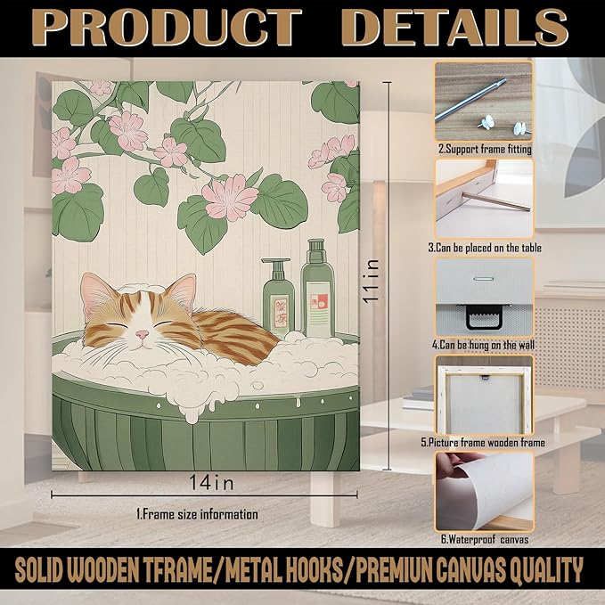 FITIE Funny Orange Tabby Cat Bathroom Canvas Wall Art Poster, Vintage Japanese Aesthetic Floral Cat Framed Artwork Prints Wall Decor for Bathroom Half Bath Washroom, 11x14 Inch
