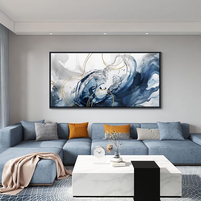 Mofutinpo Large Framed Canvas Art Wall Art Blue Abstract Wall Decor Modern Home Decor Office Wall Decor Home Decorations for Living Room Minimalist Bedroom Artwork 29×58in