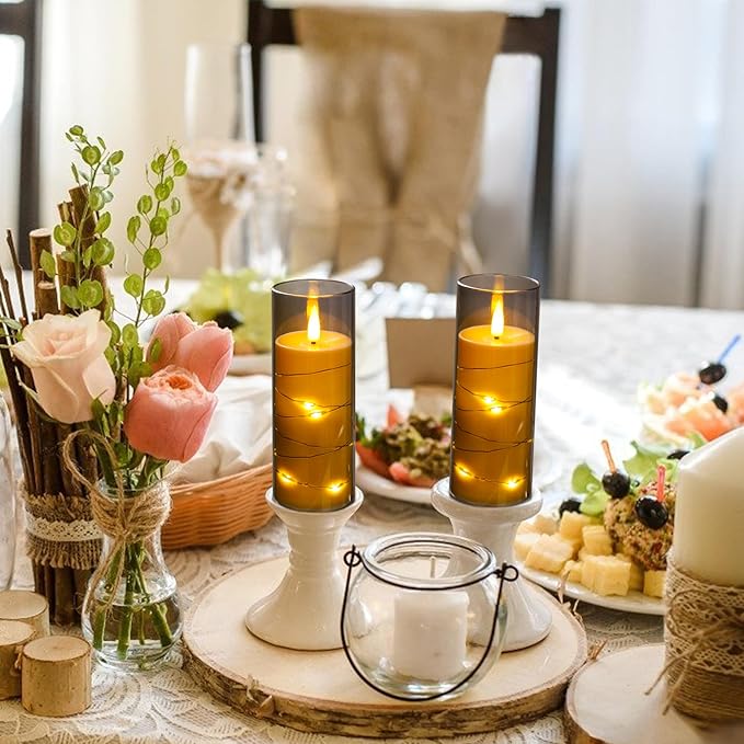 Flameless Candle Light, Battery Candle with recessed String Light, 5 flameless Candles with 11-Key Remote Control, 24-Hour Timer Function, Dancing Flame, (no Battery)