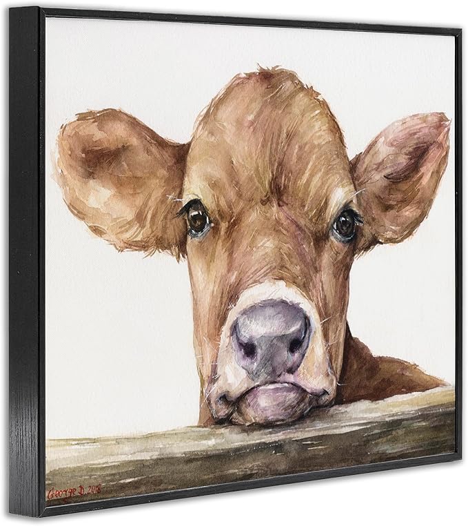 Stupell Industries Cute Baby Cow Animal Watercolor Painting Framed Giclee Art Design By Artist George Dyachenko