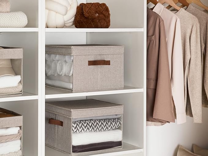 StorageWorks Storage Bins with Lid and Clear Window, Fabric Storage Boxes with Lids, Stackable Basket for Shelves, Closet Organizer and Storage Bins, Brown and Beige, Large, 4-Pack